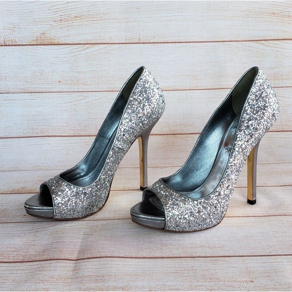 Miu Miu Glitter Peep Toe Stiletto Pumps